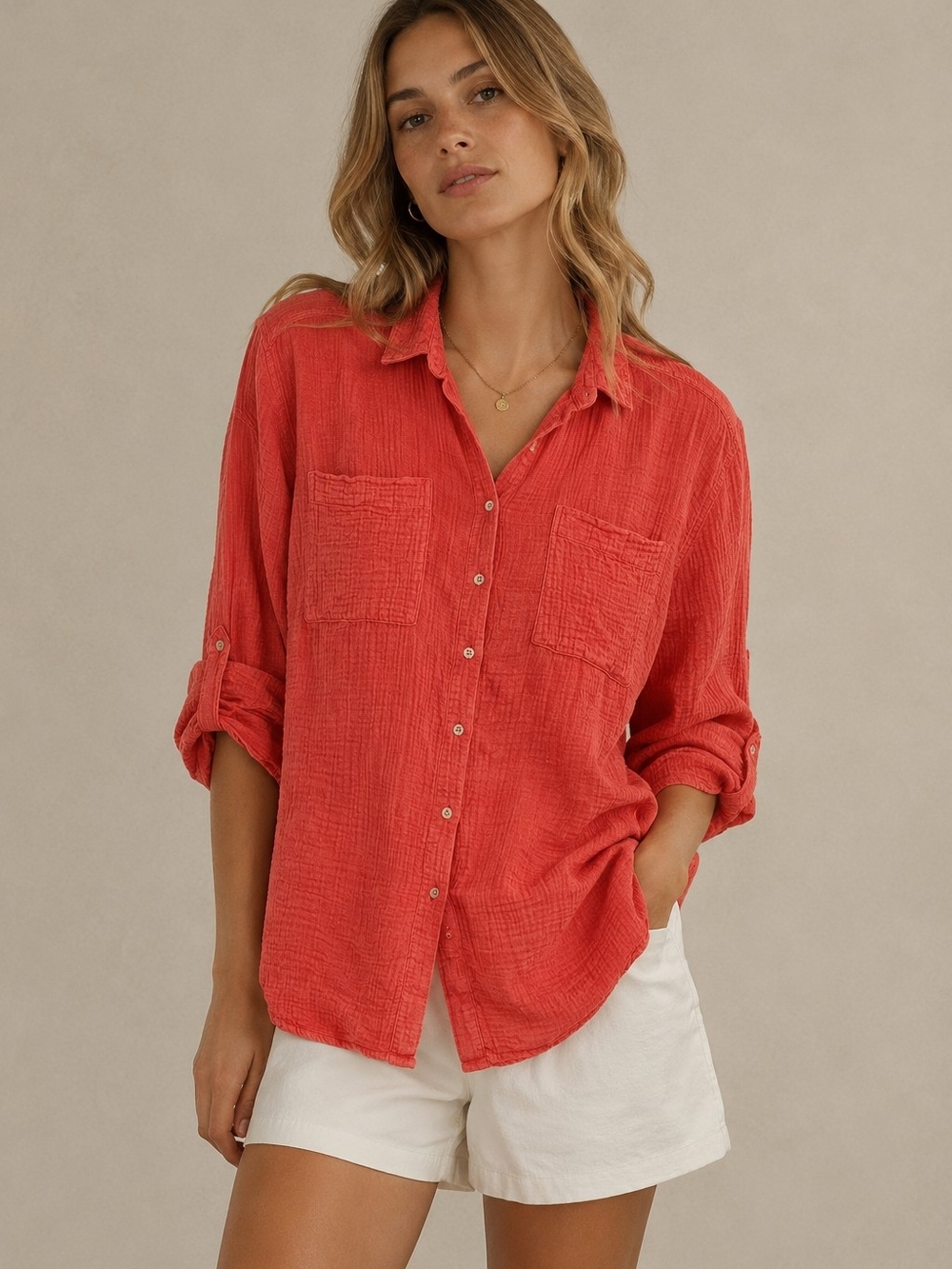 Magaschoni Organic Cotton Coral Gauze Button-down Women Shirt Long-sleeve Costal